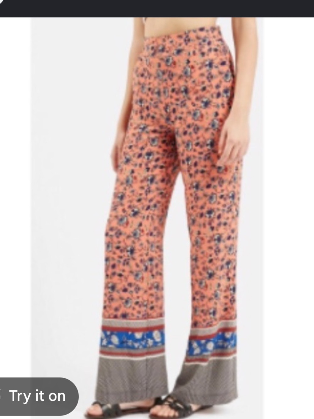 Topshop Coral Wide-Leg Floral Pants with Navy Border
